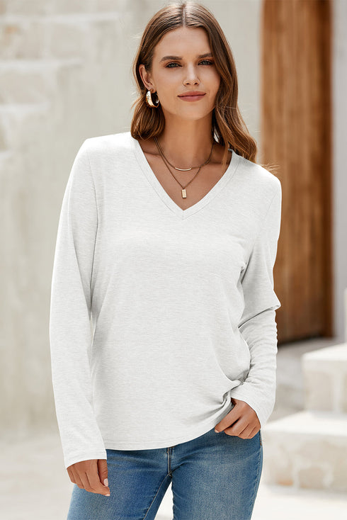 V-Neck Long Sleeve Relaxed Fit Pullover Top